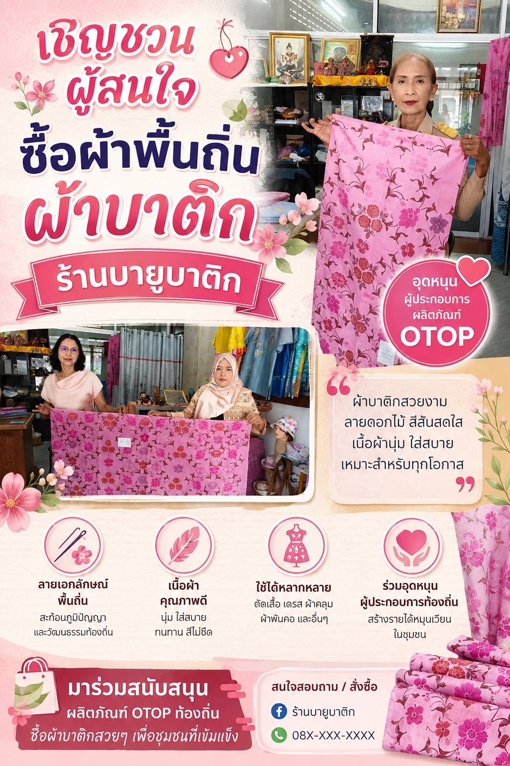 พช.เมืองพังงา ขอเชิญชวนอุดหนุน “ผ้าพื้นถิ่น ผ้าบาติก” ร้านบายูบาติก 
